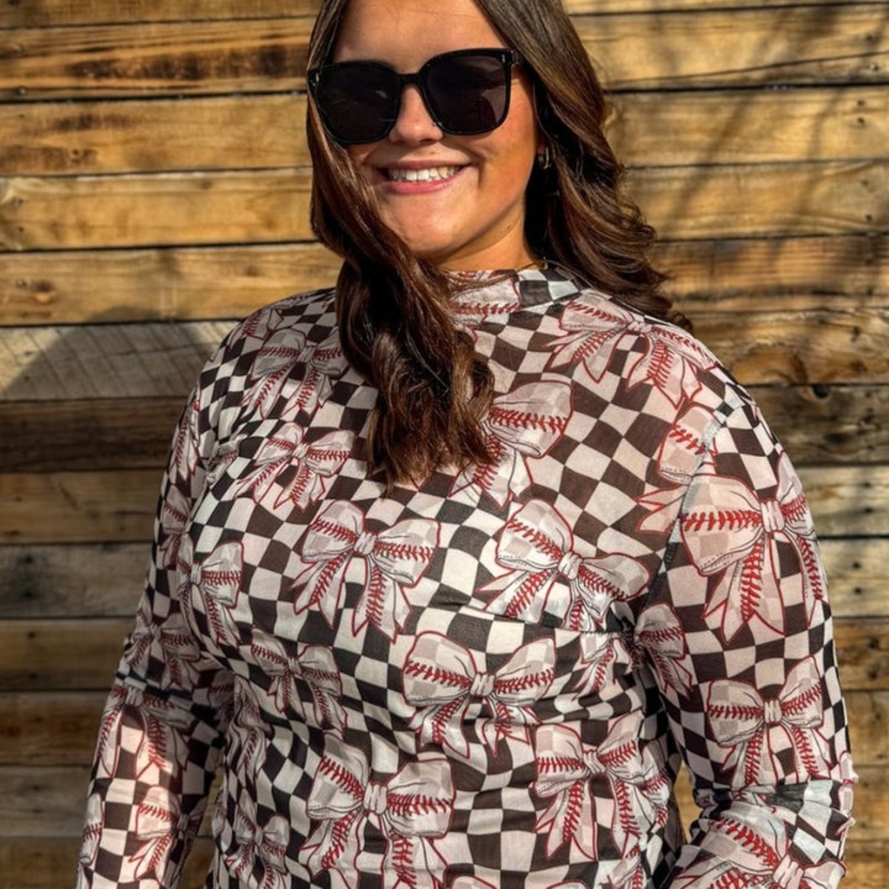 Checkered Baseball Print Mesh Top